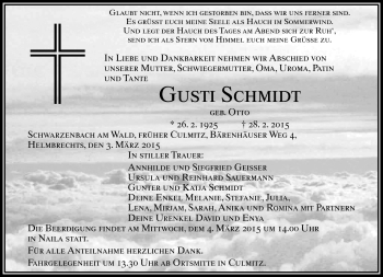Traueranzeige von Gusti Schmidt von Frankenpost