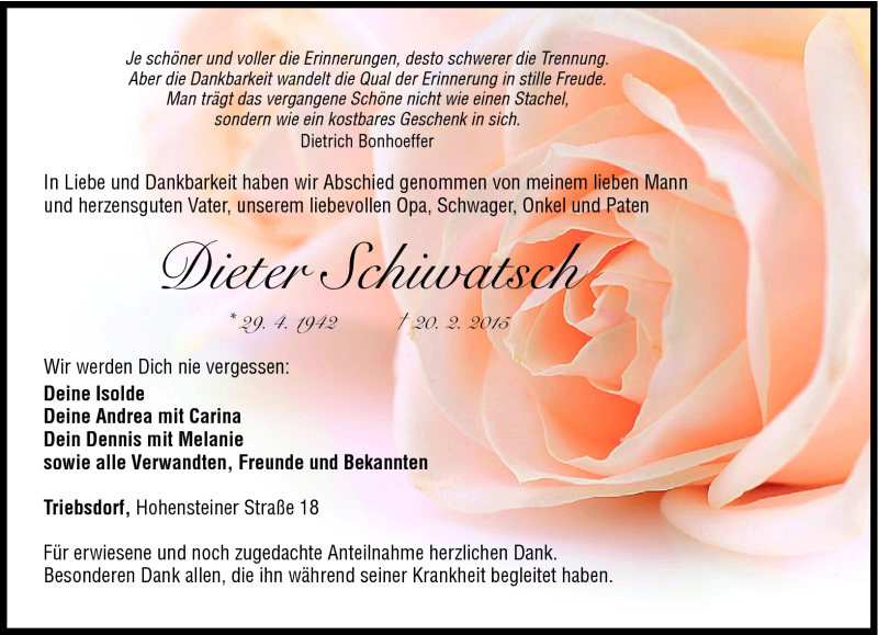  Traueranzeige für Dieterq Schiwatsch vom 02.03.2015 aus Neue Presse Coburg