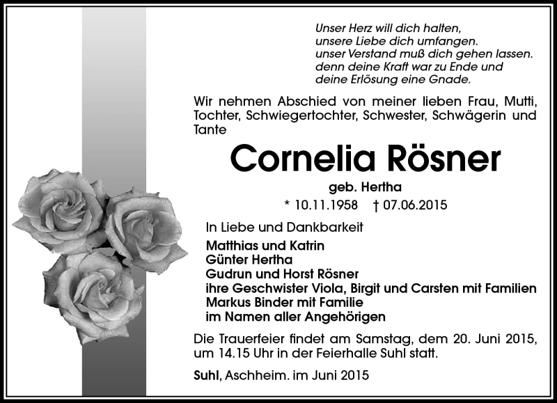  Traueranzeige für Cornelia Rösner vom 13.06.2015 aus Südthüringer Presse