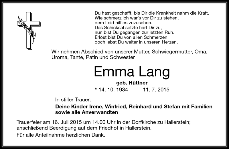  Traueranzeige für Emma Lang vom 14.07.2015 aus Frankenpost
