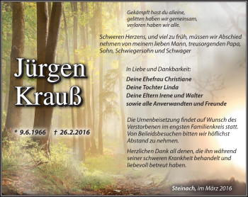 Traueranzeige von Jürgen Krauß von Südthüringer Presse