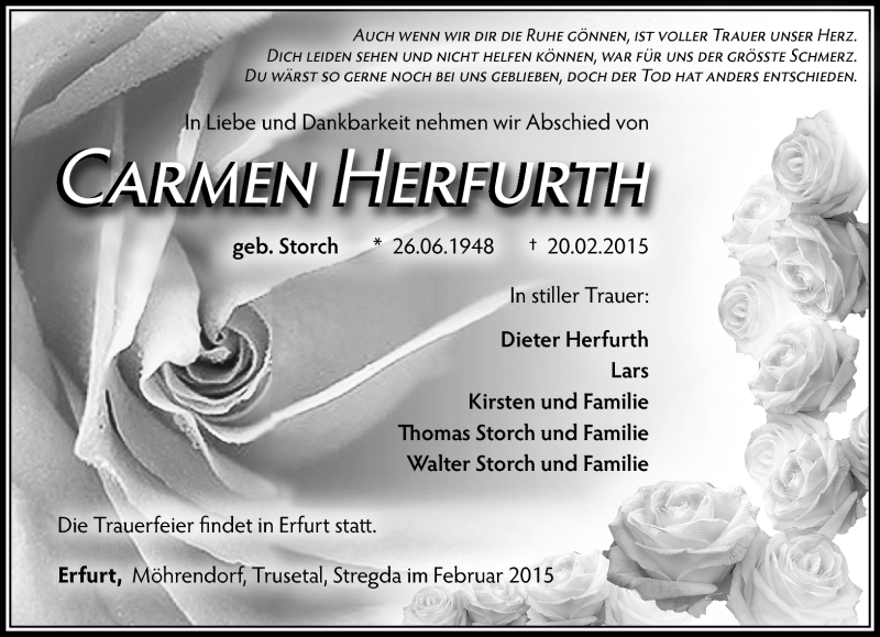  Traueranzeige für Carmen Herfurth vom 28.02.2015 aus Südthüringer Presse