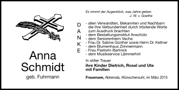 Traueranzeige von Anna Schmidt von Südthüringer Presse