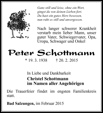 Traueranzeige von Peter Schottmann von Südthüringer Presse