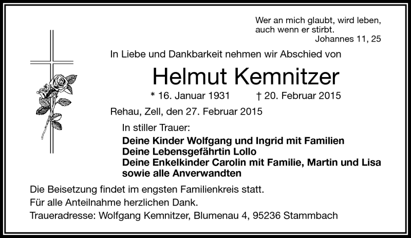  Traueranzeige für Helmut Kemnitzer vom 27.02.2015 aus Frankenpost