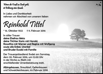 Traueranzeige von Reinhold Tittel von Südthüringer Presse