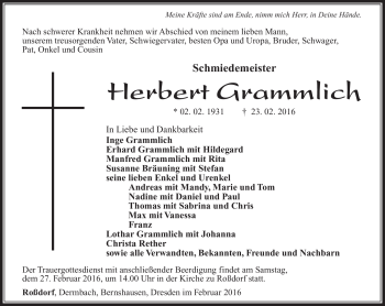 Traueranzeige von Herbert Grammlich von Südthüringer Presse