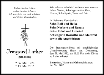Traueranzeige von Irmgard Luther von Südthüringer Presse