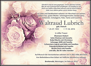 Traueranzeige von Waltraud Lubrich von Südthüringer Presse