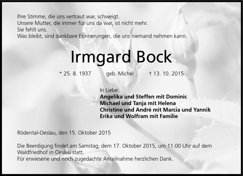  Traueranzeige für Irmgard Bock vom 15.10.2015 aus Neue Presse Coburg