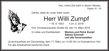 Traueranzeige von Willi Zumpf von Frankenpost