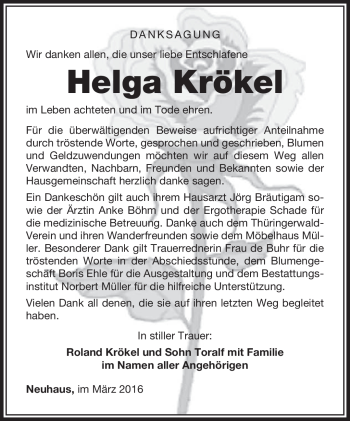 Traueranzeige von Helga Krökel von Südthüringer Presse