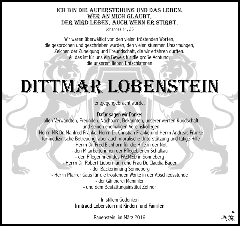  Traueranzeige für Dittmar Lobenstein vom 19.03.2016 aus Südthüringer Presse