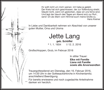Traueranzeige von Jette Lang von Frankenpost
