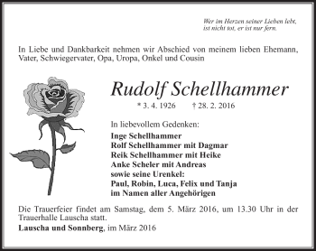 Traueranzeige von Rudolf Schellhammer von Südthüringer Presse
