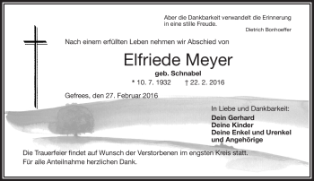Traueranzeige von Elfriede Meyer von Frankenpost