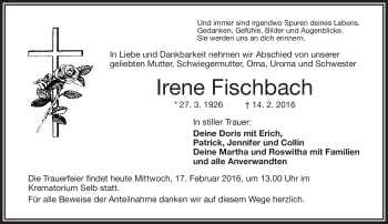 Traueranzeige von Irene Fischbach von Frankenpost