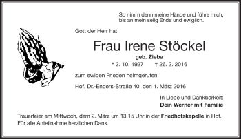 Traueranzeige von Irene Stöckel von Frankenpost