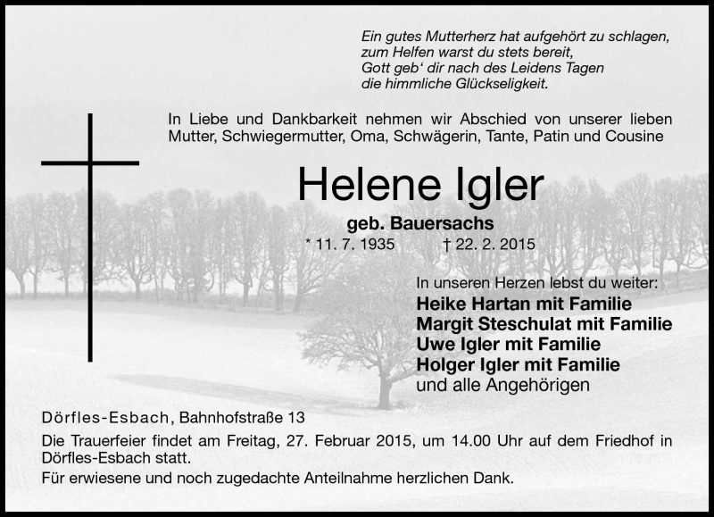  Traueranzeige für Helene Igler vom 25.02.2015 aus Neue Presse Coburg