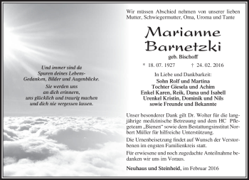 Traueranzeige von Marianne Barnetzki von Südthüringer Presse