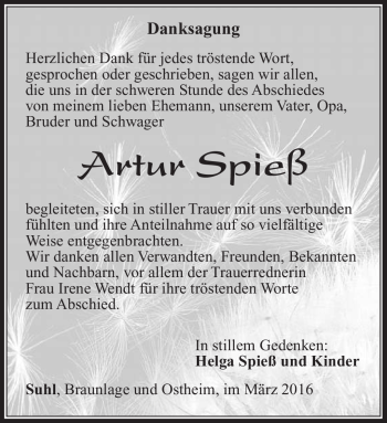 Traueranzeige von Artur Spieß von Südthüringer Presse