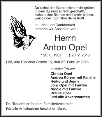 Traueranzeige von Anton Opel von Frankenpost