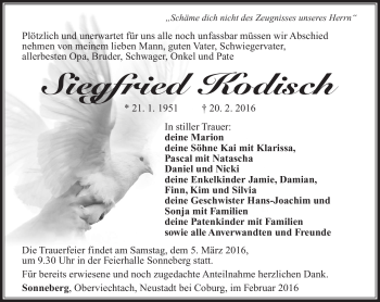 Traueranzeige von Siegfried Kodisch von Südthüringer Presse