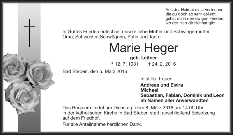 Traueranzeige für Marie Heger vom 05.03.2016 aus Frankenpost