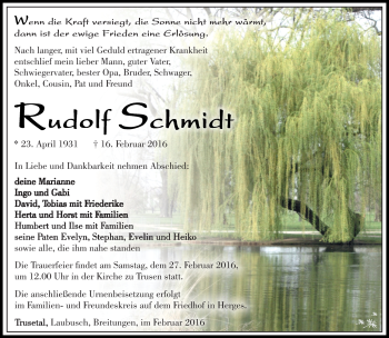 Traueranzeige von Rudolf Schmidt von Südthüringer Presse