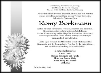 Traueranzeige von Romy Borkmann von Südthüringer Presse