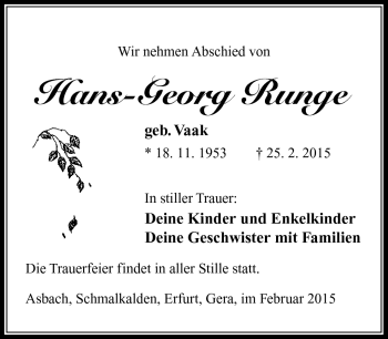Traueranzeige von Hans-Georg Runge von Südthüringer Presse