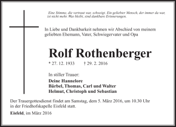 Traueranzeige von Rolf Rothenberger von Südthüringer Presse