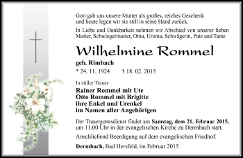 Traueranzeige von Wílhelmine Rommel von Südthüringer Presse