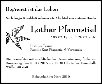 Traueranzeige von Lothar Pfannstiel von Südthüringer Presse