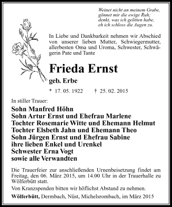Traueranzeige von Frieda Ernst von Südthüringer Presse