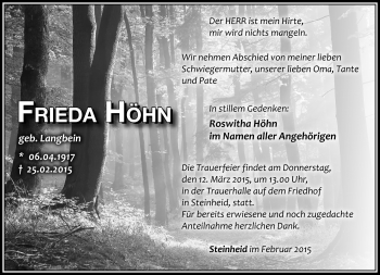Traueranzeige von Frieda Höhn von Südthüringer Presse