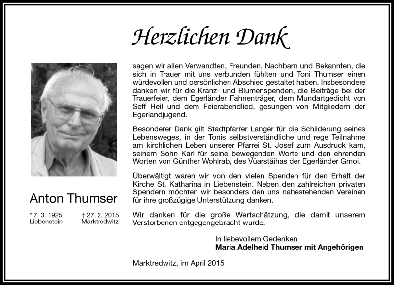  Traueranzeige für Anton Thumser vom 04.04.2015 aus Frankenpost