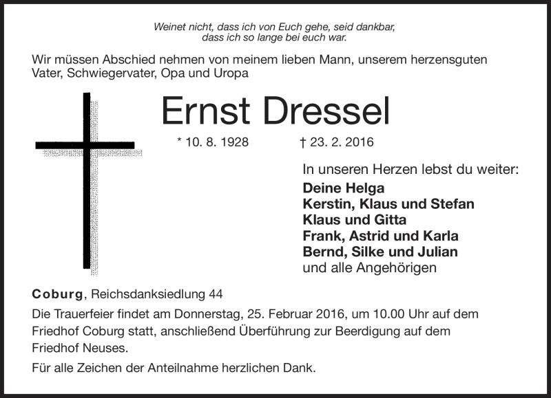  Traueranzeige für Ernst Dressel vom 24.02.2016 aus Neue Presse Coburg
