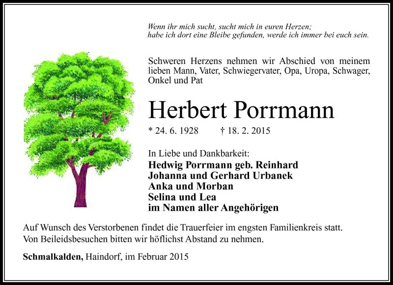  Traueranzeige für Herbert Porrmann vom 20.02.2015 aus Südthüringer Presse