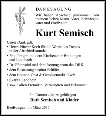 Traueranzeige von Kurt Semisch von Südthüringer Presse