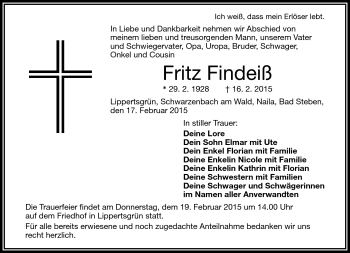 Traueranzeige von Fritz Findeiß von Frankenpost