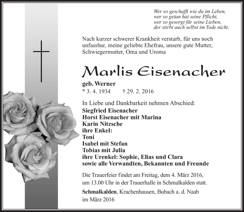  Traueranzeige für Marlis Eisenacher vom 02.03.2016 aus Südthüringer Presse