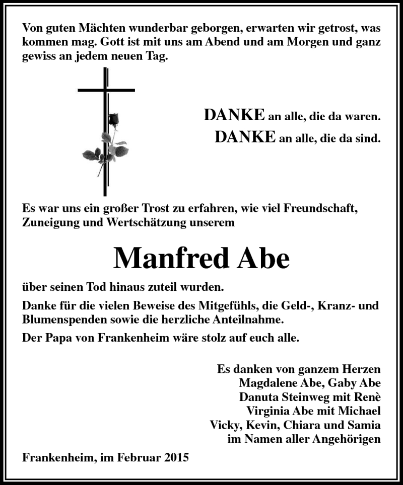  Traueranzeige für Manfred Abe vom 26.02.2015 aus Südthüringer Presse