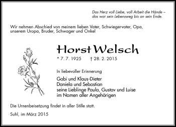 Traueranzeige von Horst Welsch von Südthüringer Presse