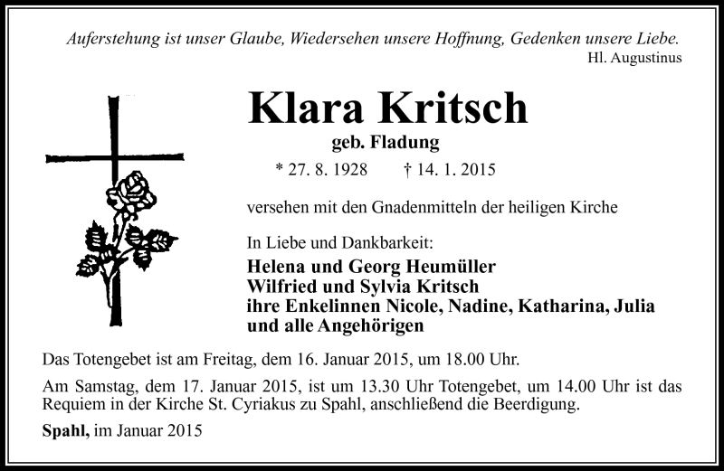  Traueranzeige für Klara Kritsch vom 16.01.2015 aus Südthüringer Presse