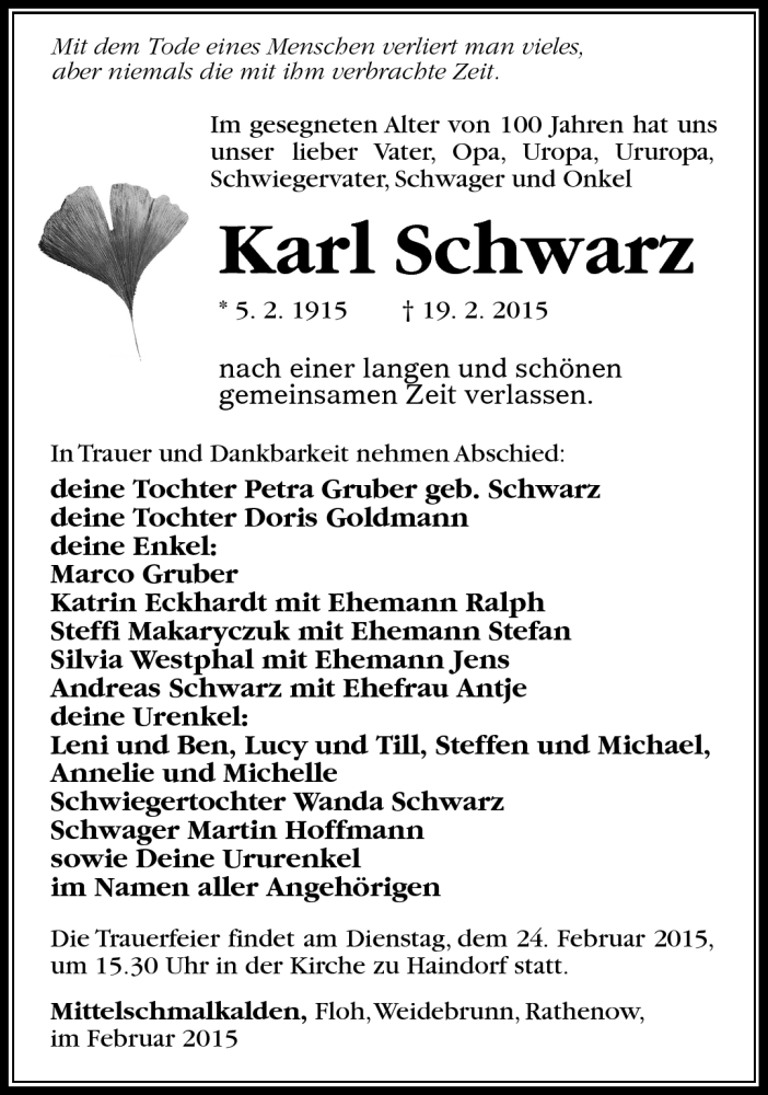  Traueranzeige für Karl Schwarz vom 21.02.2015 aus Südthüringer Presse