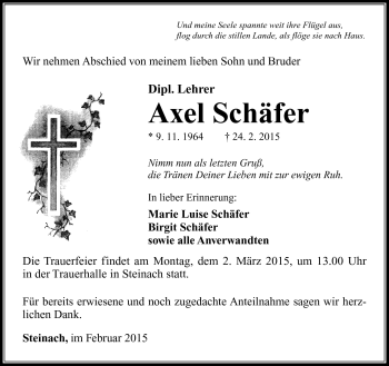 Traueranzeige von Axel Schäfer von Südthüringer Presse