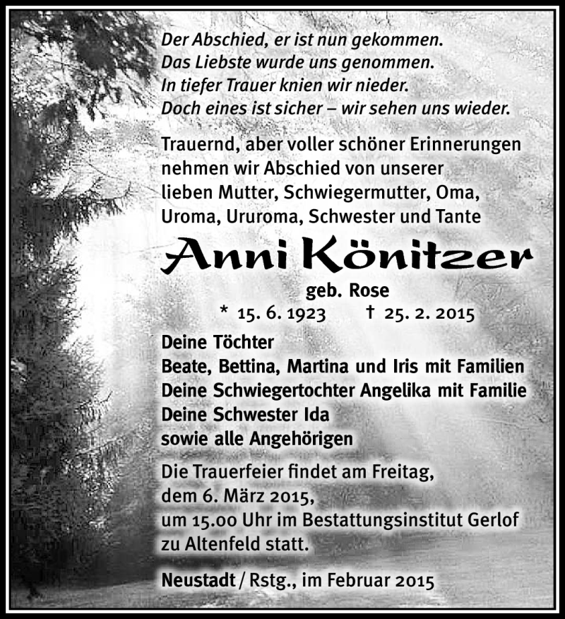  Traueranzeige für Anni Könitzer vom 28.02.2015 aus Südthüringer Presse