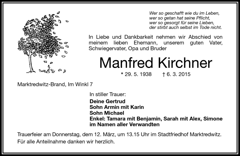  Traueranzeige für Manfred Kirchner vom 10.03.2015 aus Frankenpost