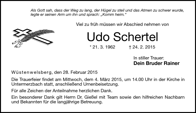  Traueranzeige für Udo Schertel vom 28.02.2015 aus Neue Presse Coburg
